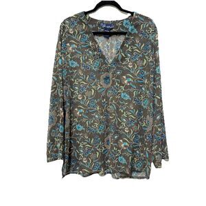Susan Graver Womens Size Large Sheer Long Sleeve Tunic Brown Blue Floral
